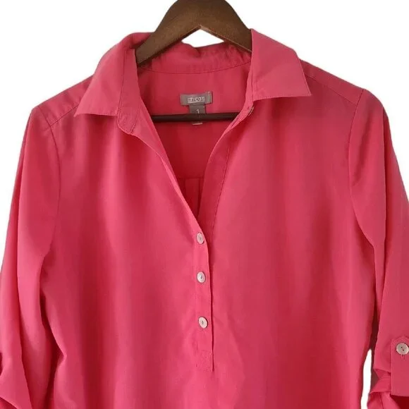 Chicos Pink Polyester Quarter Button Front 3/4 Roll Tab Sleeves Tunic Size 1 M 8 - Picture 2 of 6